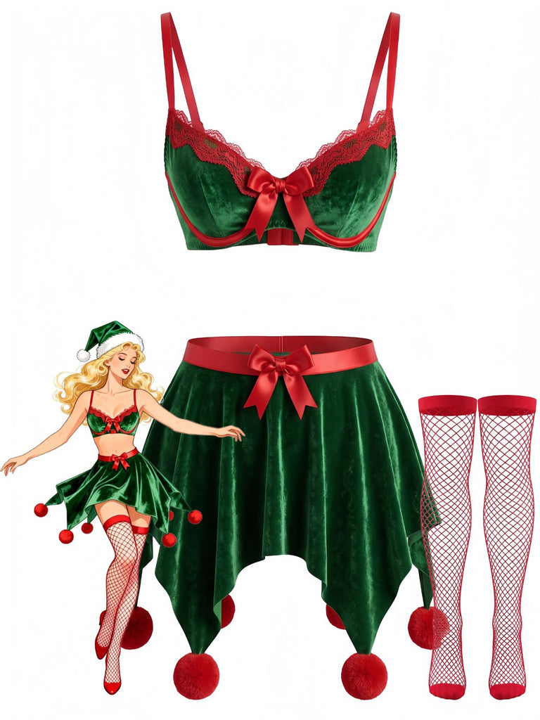 Ensemble Pyjama de Noël Vert à Caraco Style Elfe Années 1960 - 1
