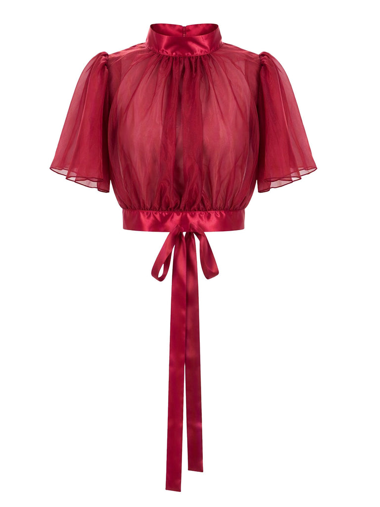 Ensemble Robe Crayon Bordeaux Froncée à Fines Bretelles et Haut Transparent Années 1960 - 6