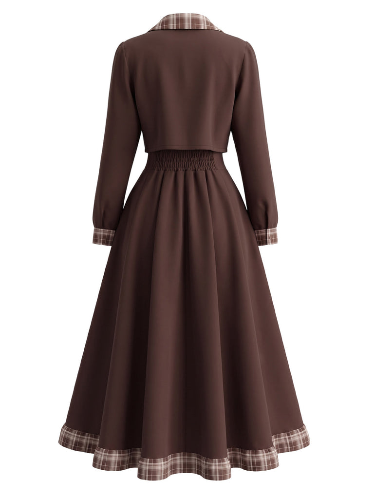 Ensemble Robe Marron à Fines Bretelles et Veste Courte à Bordures à Carreaux Années 1940 - 3