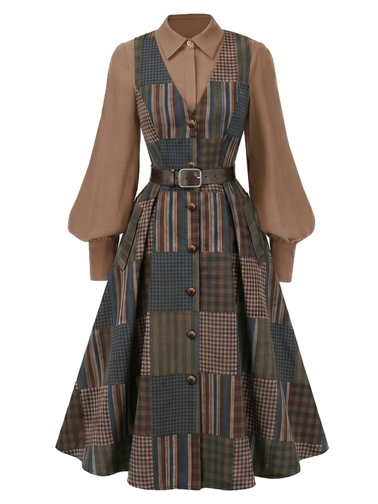 [Prévente] Ensemble Robe Sans Manches Marron à Carreaux et Empiècements avec Ceinture et Blouse Années 1940 - 2