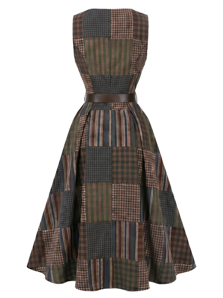 [Prévente] Ensemble Robe Sans Manches Marron à Carreaux et Empiècements avec Ceinture et Blouse Années 1940 - 5