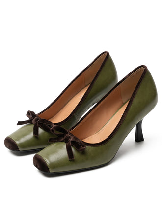 Escarpins vintage verts en velours à bout carré, talons moyens et nœud - 1