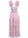 Robe fleurie rose découpée à volants col en V profond des années 1970