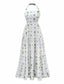 Robe licou verte à imprimé palmiers et carreaux des années 1970