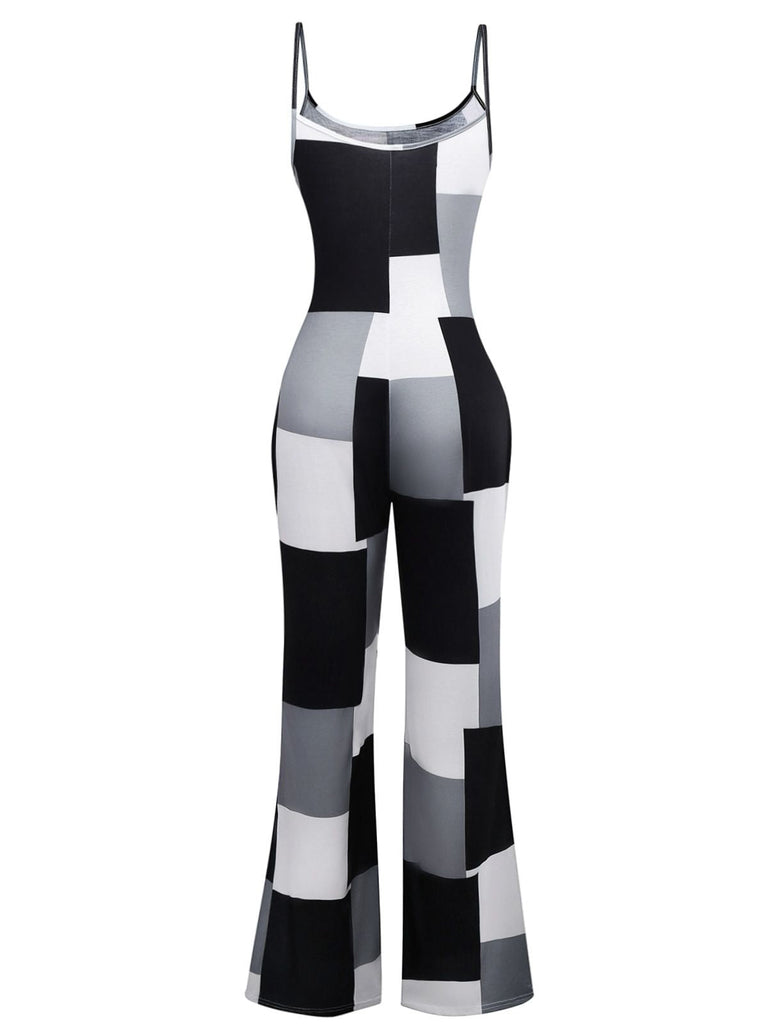Combinaison noire et blanche à bretelles à carreaux années 1960