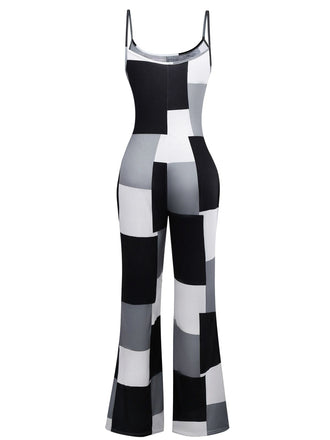 Combinaison noire et blanche à bretelles à carreaux années 1960