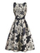 Robe noire à fleurs en jacquard avec ceinture années 1950