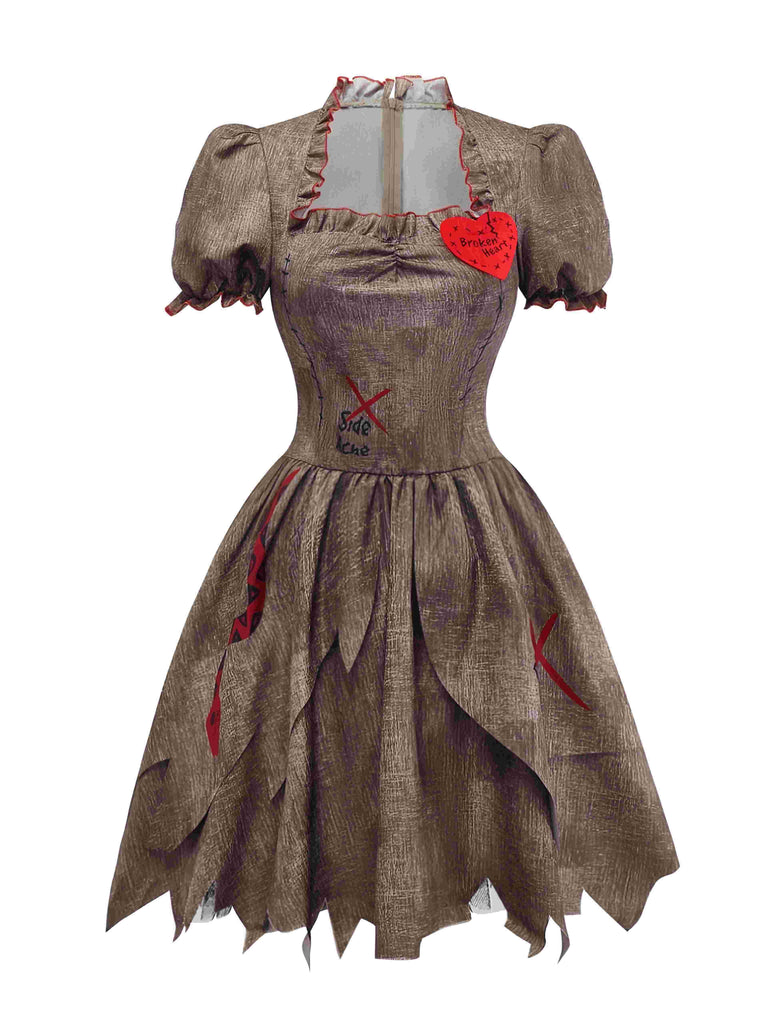 Robe marron poupée maléfique avec cœur Halloween années 1960