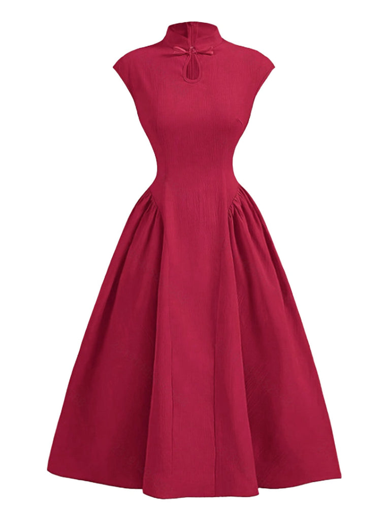 Robe À Ligne A Rouge Manches Courtes Col Montant Années 50