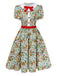 Front studio view of the bunny print dress highlighting the red waist cincher and button-down bodice.