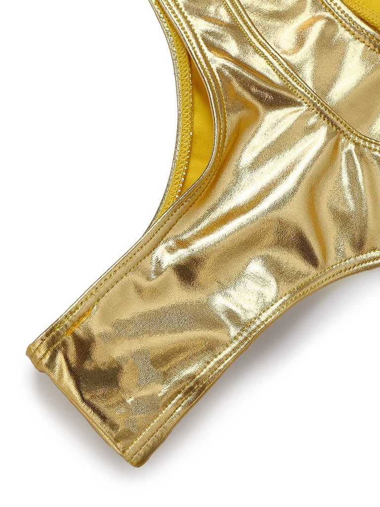 Macro shot of the gold foil-effect fabric and seam construction.
