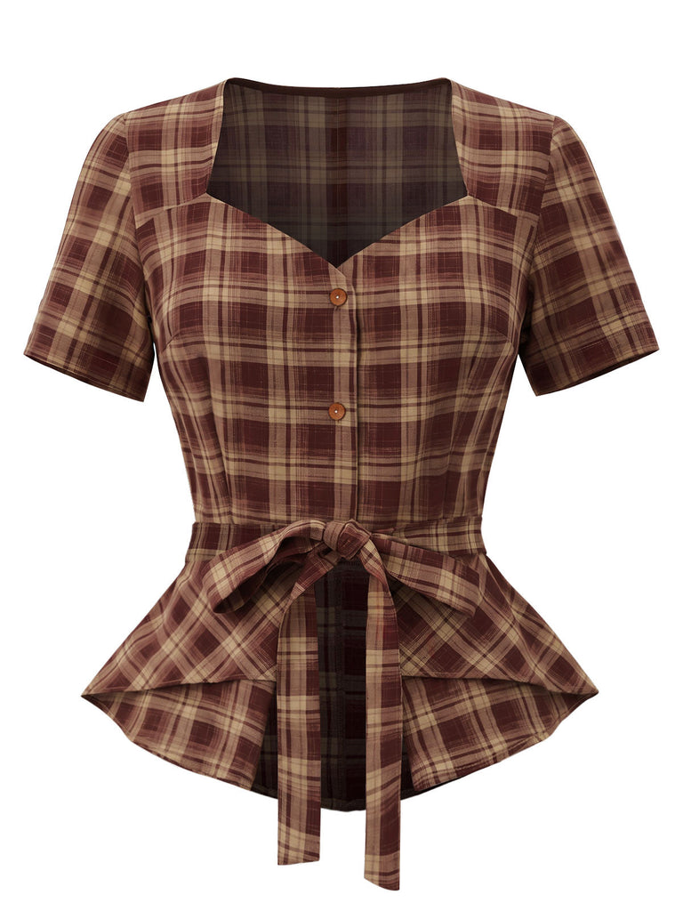 [Prévente] Haut rouge à carreaux, encolure diamant, basque et taille à nouer Années 1950 - 2
