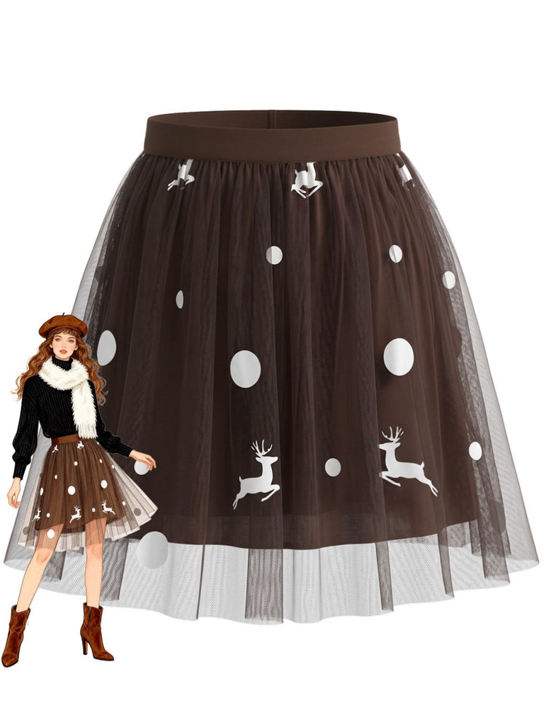 Jupe de Noël marron en tulle à pois et rennes Années 1960 - 1