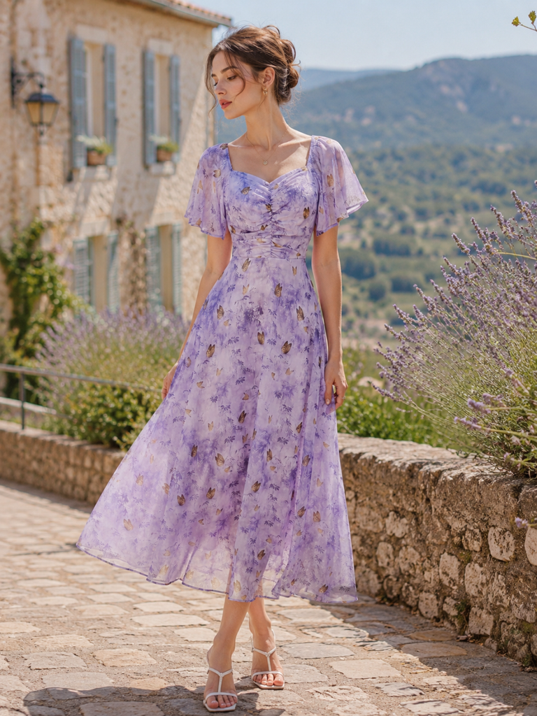 Robe Verte mousseline à manches papillon années 1930