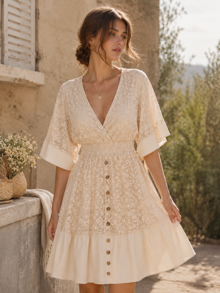 Robe Courte Bohème Dentelle Beige Années 1970