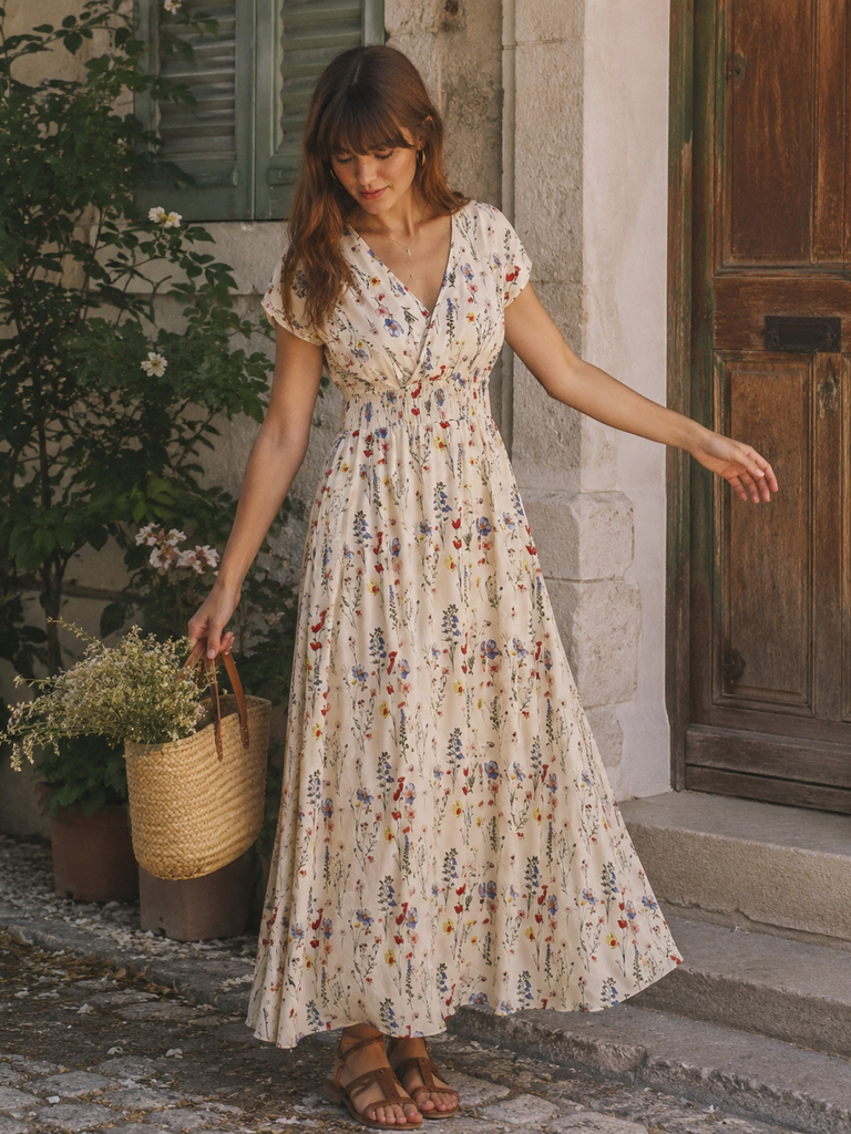 Robe Maxi Manches Courtes Fleurs Blanche Années 1940