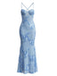 Robe sirène maxi fines bretelles et imprimé floral 3D années 1930