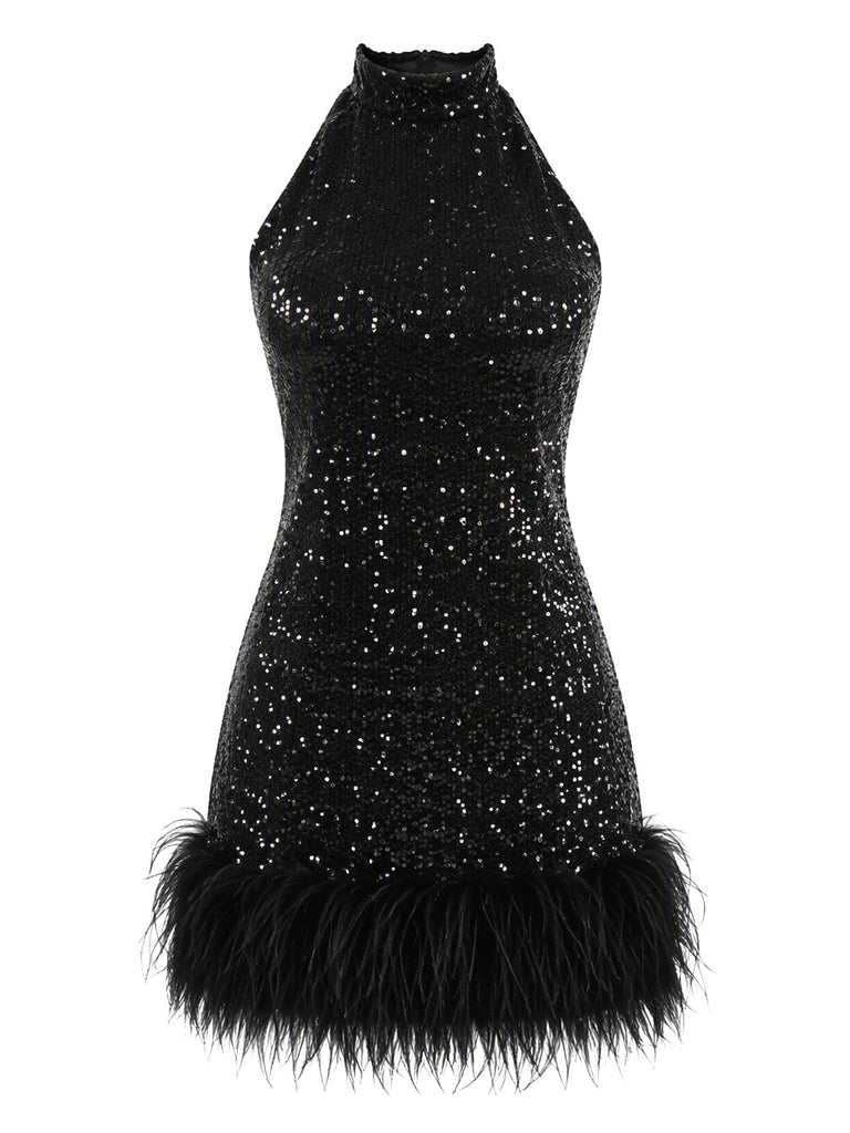 Mini Robe à Paillettes, Col Halter et Plumes Années 1960 - 2