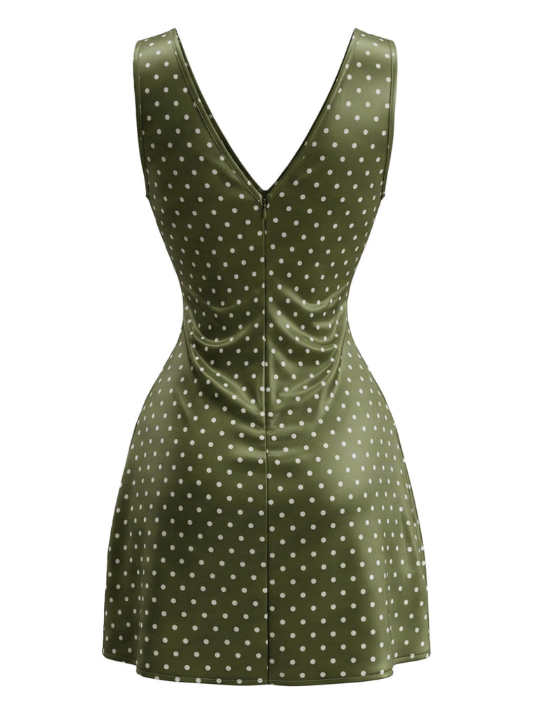 Mini Robe Chartreuse en Satin à Pois et Col V Années 1970 - 2