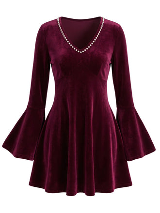 Mini Robe en Velours à Col V Perlé et Manches Évasées Années 1930 - 2