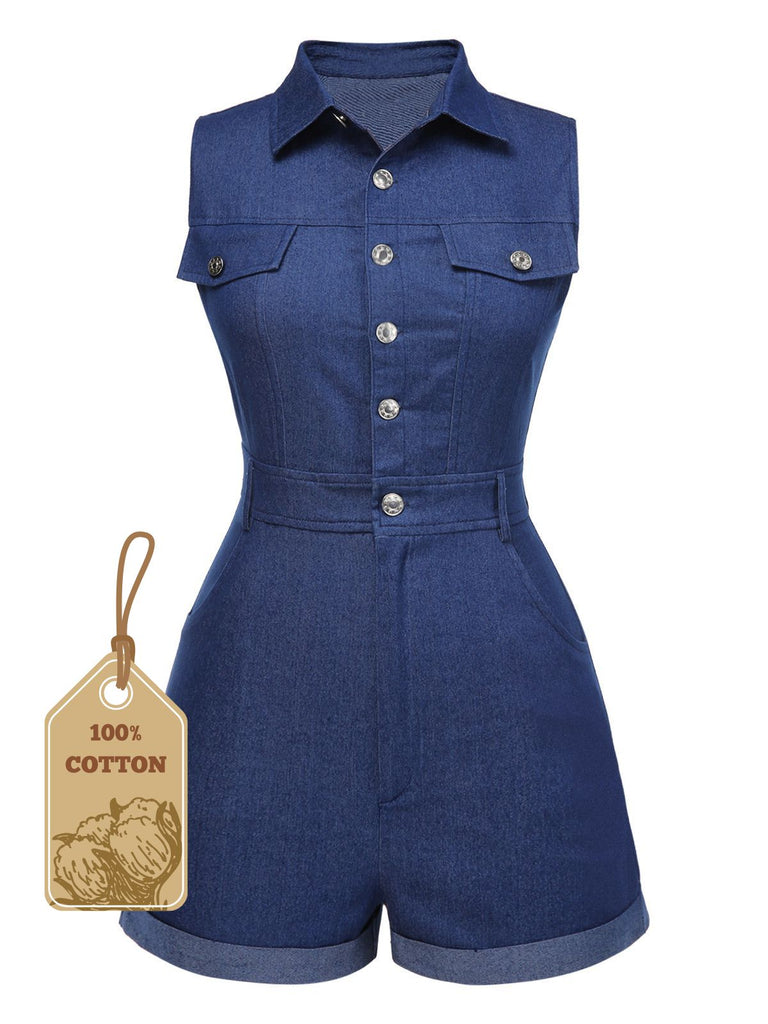 Combishort en jean marron uni en coton à poches des années 1970