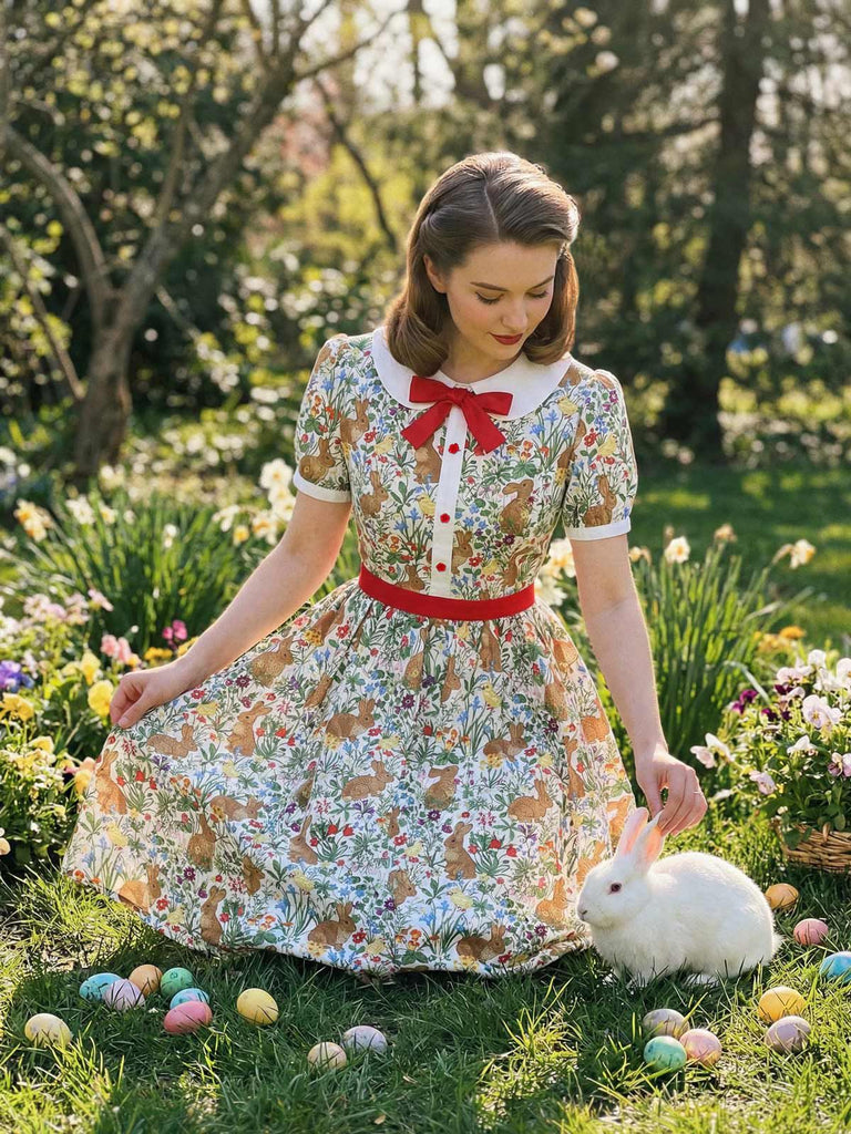 A model wearing the bunny and floral print dress in a garden setting, petting a real white rabbit.