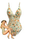 Maillot de bain une pièce fronces et col V fleuri années 1980