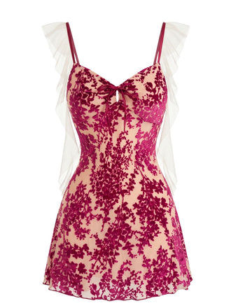 Nuisette à Bretelles en Velours Jacquard et Volants en Tulle Années 1950 - 1