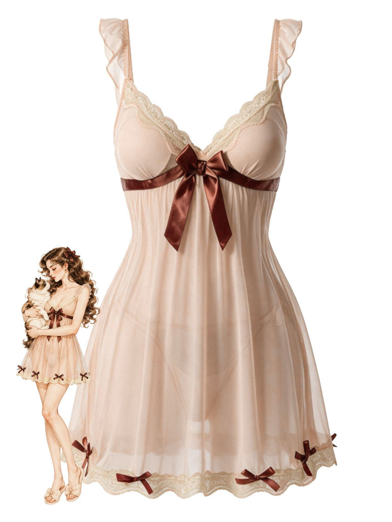 Nuisette babydoll beige transparente en tulle à nœud, col V profond, dentelle et rembourrage Années 1950 - 1