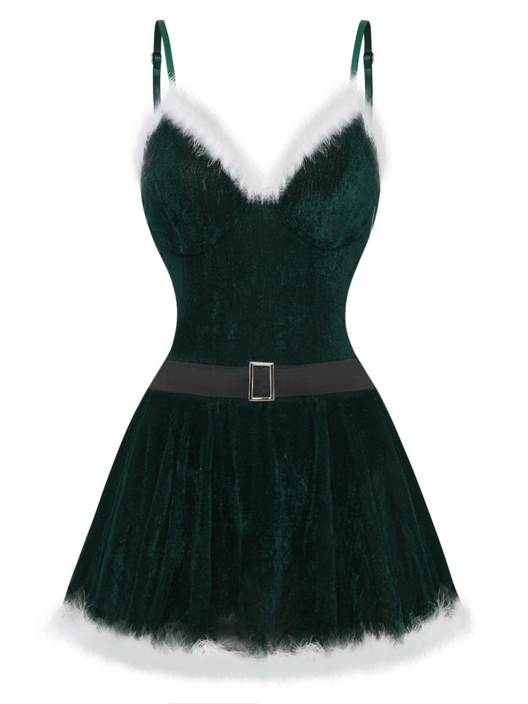Nuisette de Noël en velours à fines bretelles, ceinture et bordure en fourrure Années 1950 - 2