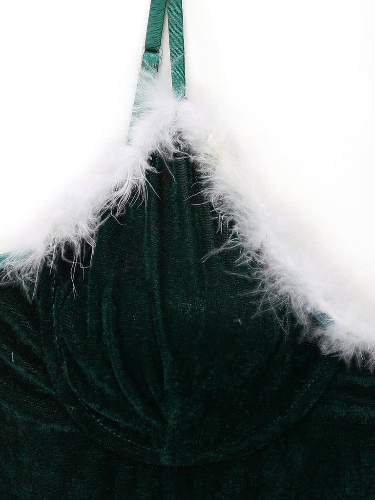 Nuisette de Noël en velours à fines bretelles, ceinture et bordure en fourrure Années 1950 - 5