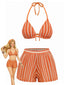 3PCS Ensemble bikini et paréo bohème maille rayée années 1970
