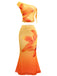 Front studio view of the orange floral set highlighting the asymmetrical neckline and the flared mermaid hem of the skirt.