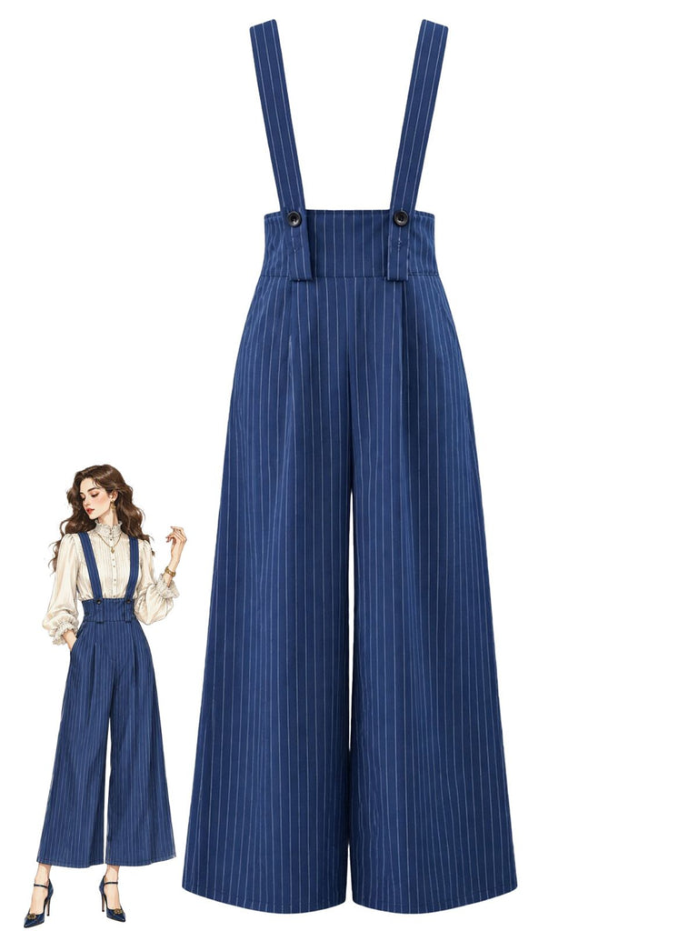 Pantalon bleu marine à fines rayures, jambes larges, bretelles et poches Années 1950 - 1