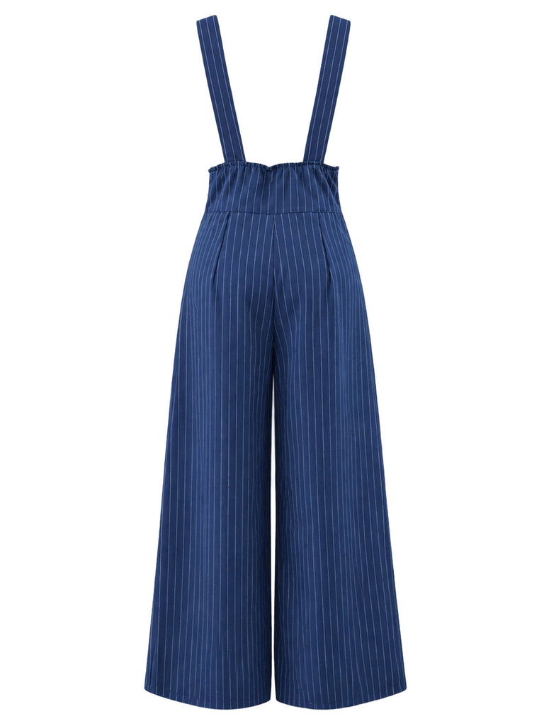 Pantalon bleu marine à fines rayures, jambes larges, bretelles et poches Années 1950 - 3
