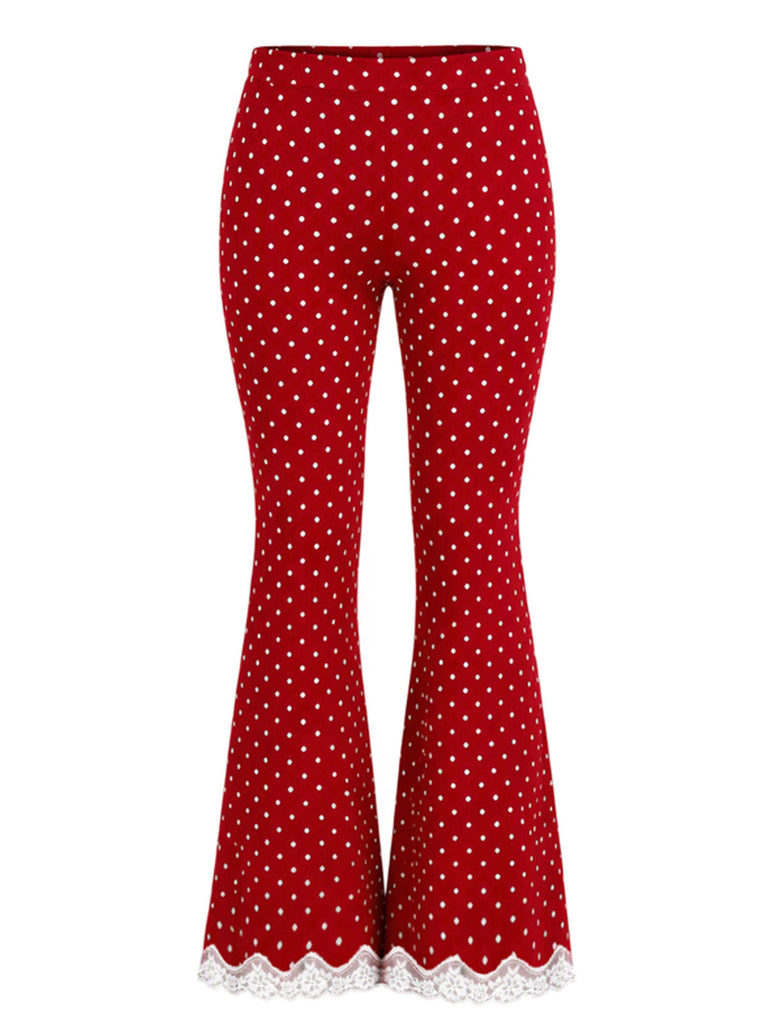 [Prévente] Pantalon détente rouge évasé à pois et bordure en dentelle Années 1960 - 2