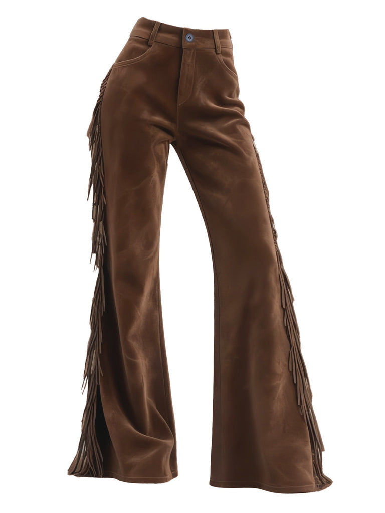 Pantalon marron évasé western en suédine à franges Années 1970 - 2