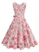 Rear view of the sleeveless floral dress showcasing the modest scoop neckline and continuous rose pattern.