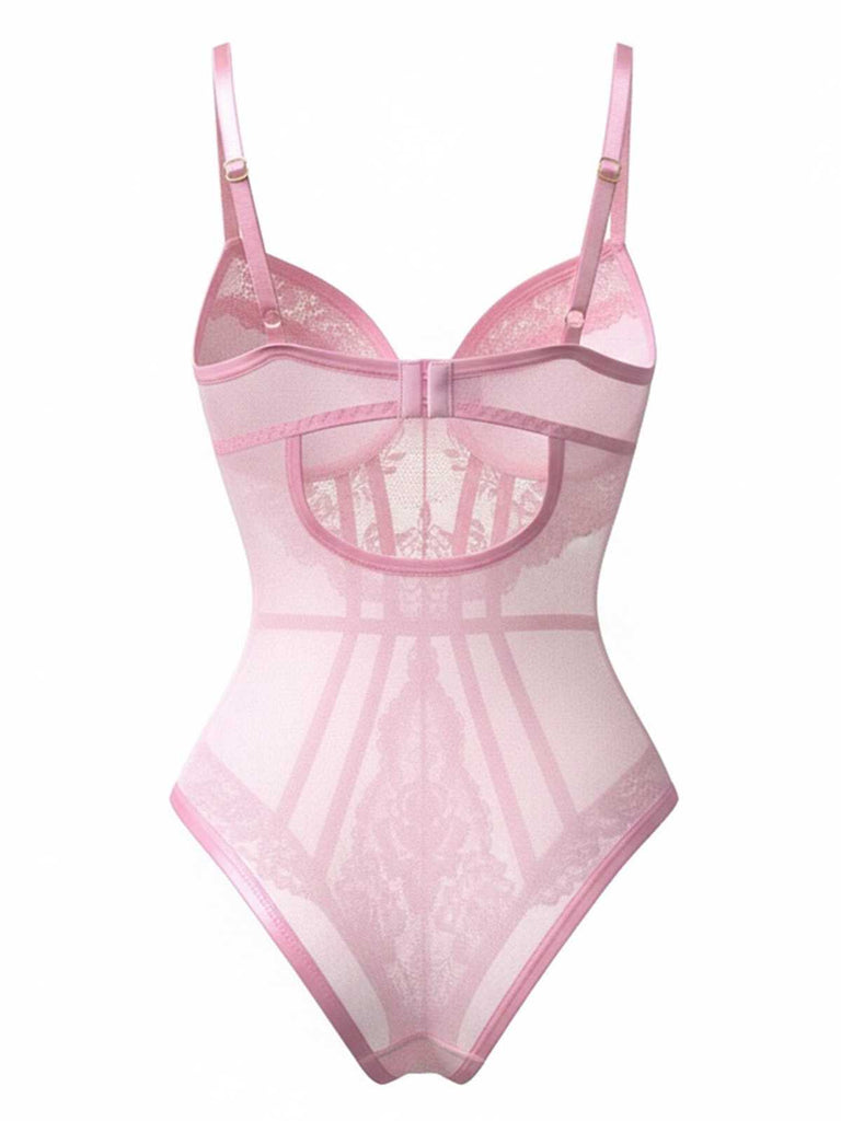 Back view of the pink bodysuit showing the adjustable shoulder straps and sheer mesh back panel.