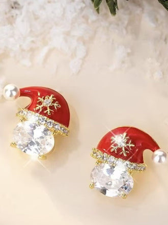 Puces d’oreilles de Noël bonnets rouges du Père Noël, cristaux et perles - 1