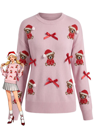 Pull rose en maille à ours en peluche et nœud de Noël Années 1960 - 1
