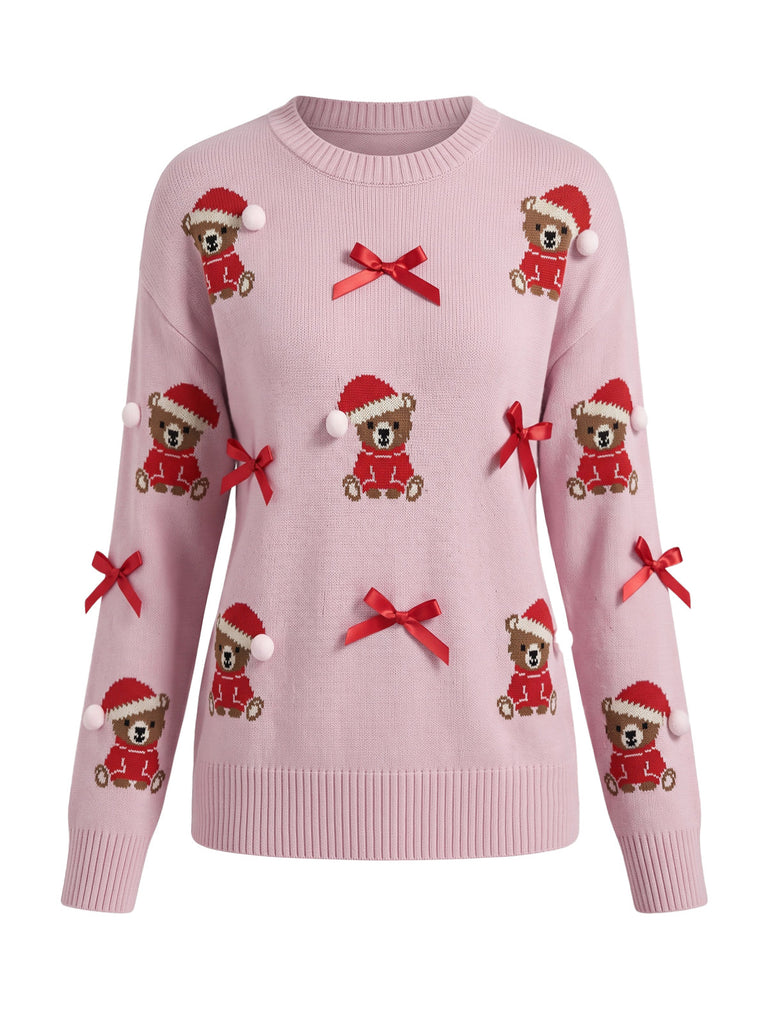 Pull rose en maille à ours en peluche et nœud de Noël Années 1960 - 2