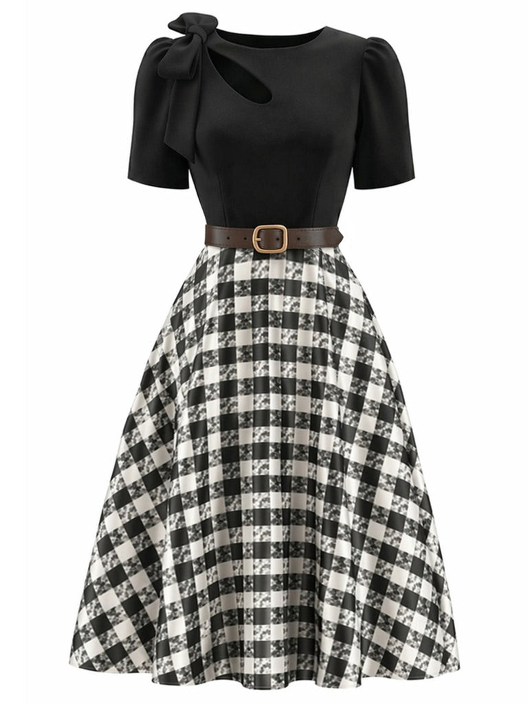 [Prévente] Robe à Carreaux, Nœud et Découpe avec Manches Bouffantes Années 1950 - 2