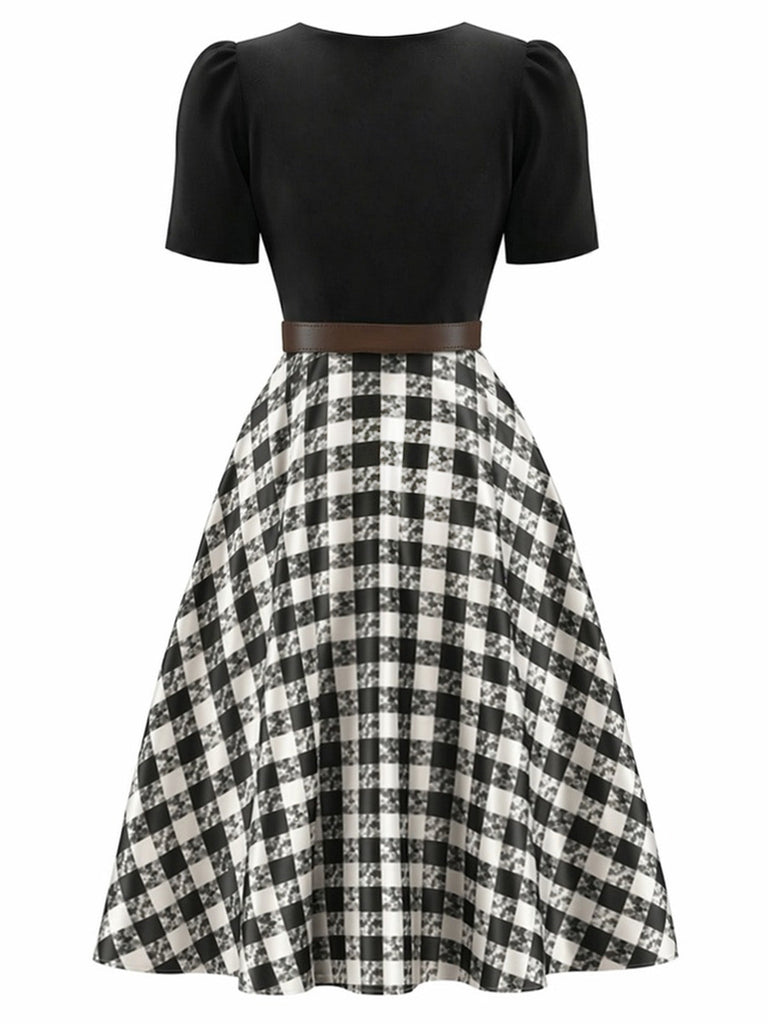 [Prévente] Robe à Carreaux, Nœud et Découpe avec Manches Bouffantes Années 1950 - 3