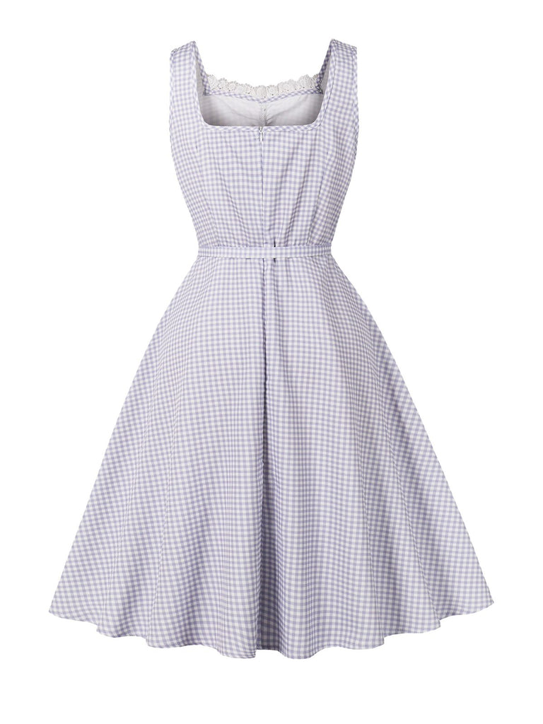 Robe ajustée lavande à carreaux vichy, bordure en dentelle et poches Années 1950 - 3