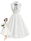 [Prévente] Robe blanche satin sans manches ornée fleurs brodées sur le revers années 1950