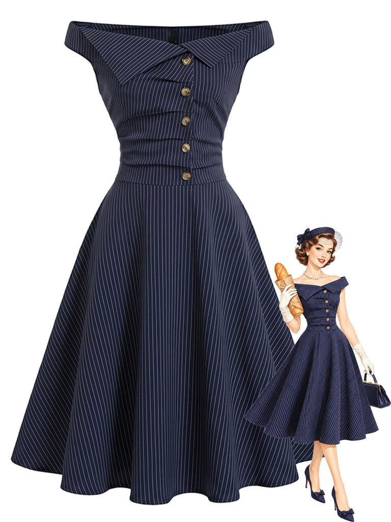[Prévente] Robe bleu marine à fines rayures, épaules dénudées et boutons Années 1950 - 1