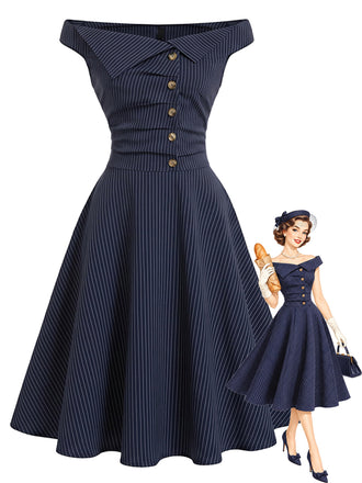 [Prévente] Robe bleu marine à fines rayures, épaules dénudées et boutons Années 1950 - 1