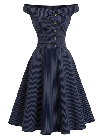 [Prévente] Robe bleu marine à fines rayures, épaules dénudées et boutons Années 1950 - 2