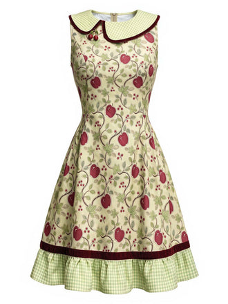 [Prévente] Robe Chartreuse à Carreaux et Cerises Rouges avec Ourlet Plissé Années 1960 - 2